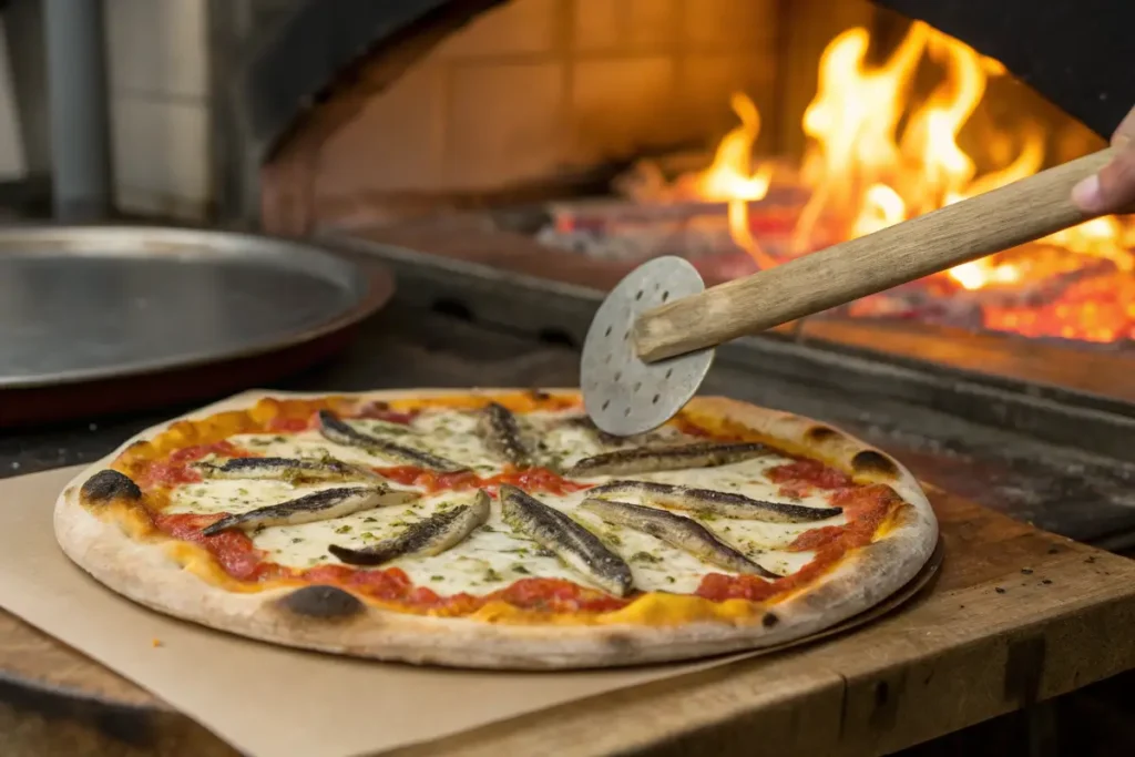 A freshly baked pizza with anchovies being removed from a wood-fired oven