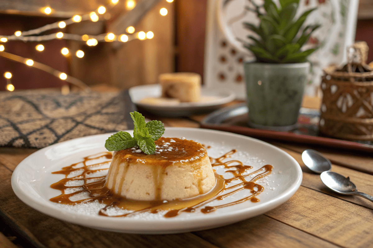 Venezuelan quesillo dessert with caramel drizzle on a white plate