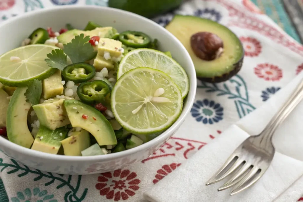 Close-Up of Southwest Chicken Salad Garnished with Lime