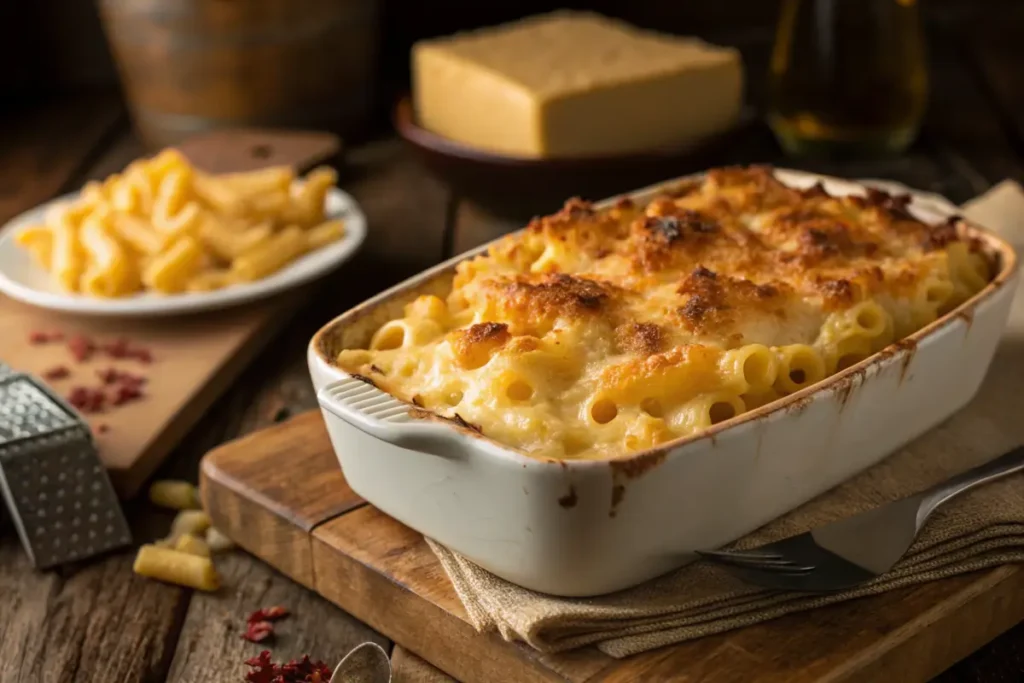 Finished evaporated milk mac and cheese in baking dish