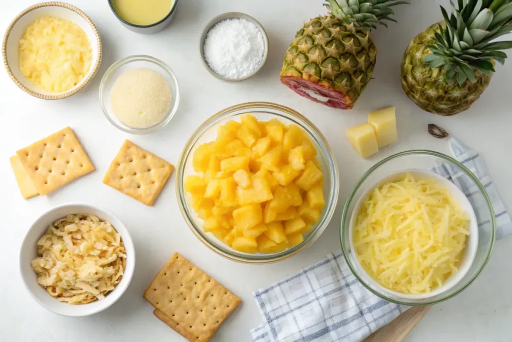 Pineapple Casserole Ingredients Ingredients for pineapple casserole laid out on a kitchen counter