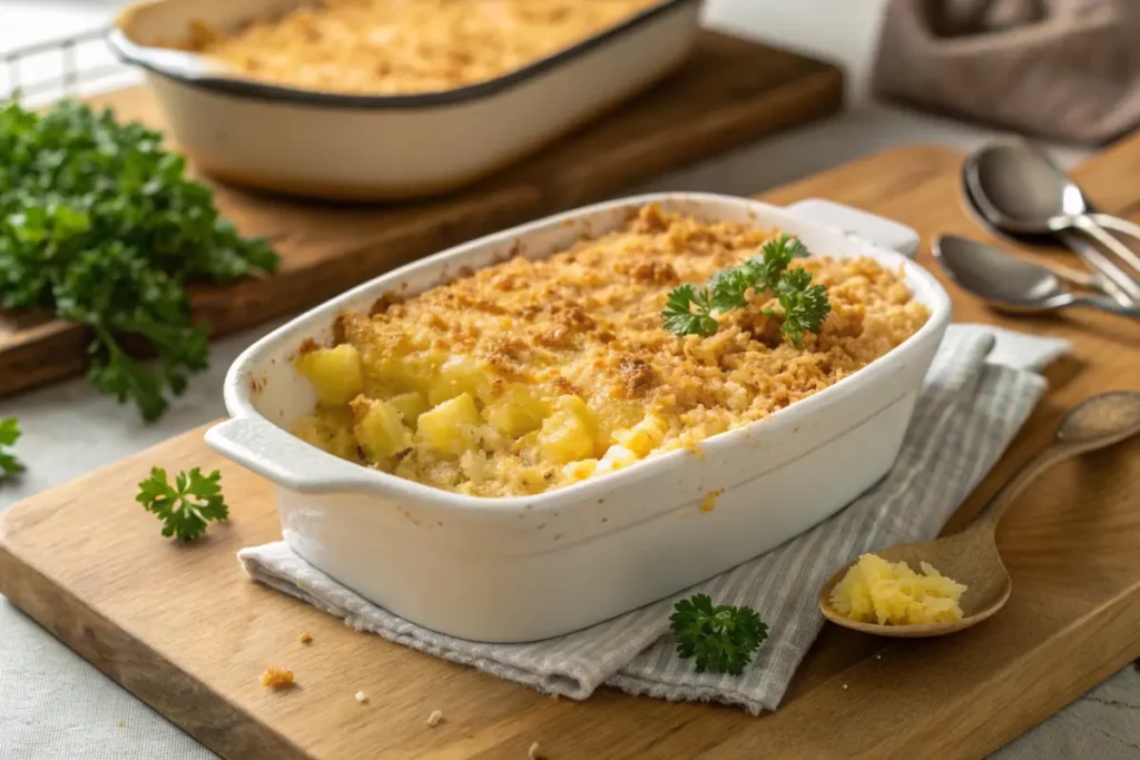 Golden Baked Pineapple Casserole Freshly baked pineapple casserole with golden cracker topping